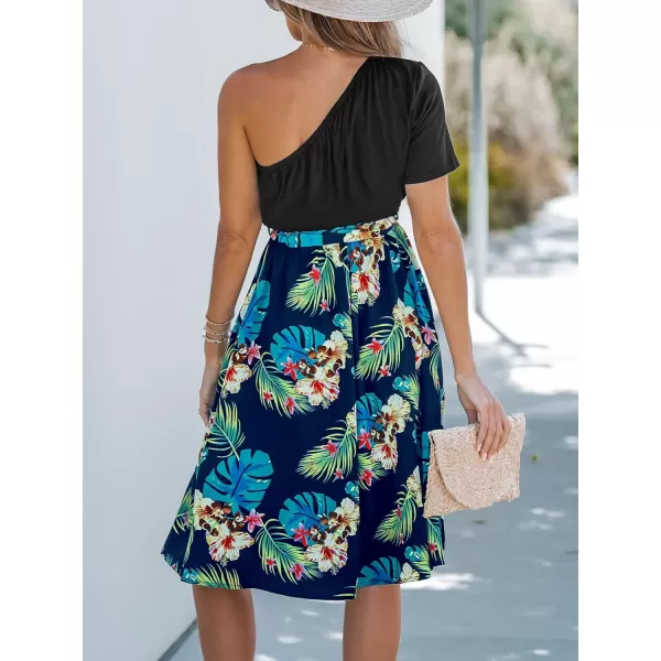 imageCUPSHE Womens One Shoulder Tropical Leaf Print Midi Dress Selftie Sash Belt A Line Summer Dress Short DressBlue Floral