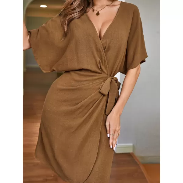 imageCUPSHE Womens Open Front Dress Solid Tie Waist Lace Up Short Sleeves V Neck GreenBrown