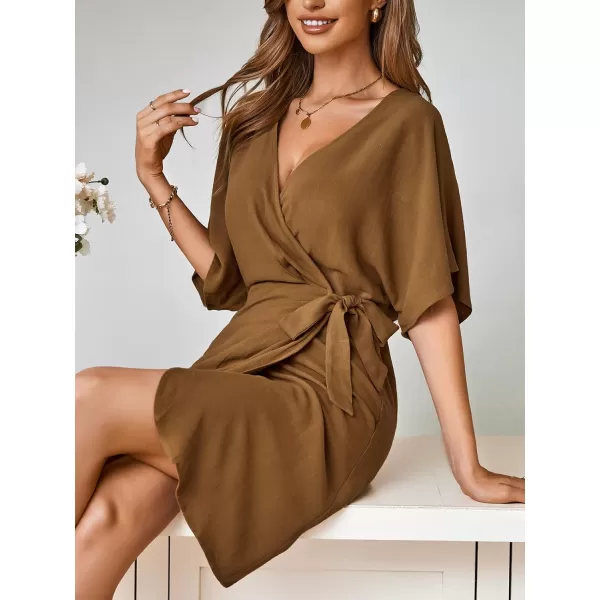 imageCUPSHE Womens Open Front Dress Solid Tie Waist Lace Up Short Sleeves V Neck GreenBrown