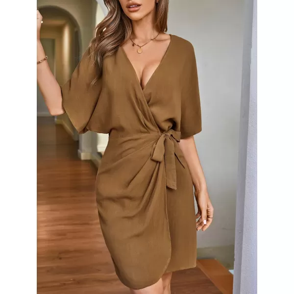 imageCUPSHE Womens Open Front Dress Solid Tie Waist Lace Up Short Sleeves V Neck GreenBrown