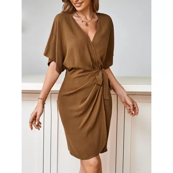 imageCUPSHE Womens Open Front Dress Solid Tie Waist Lace Up Short Sleeves V Neck GreenBrown