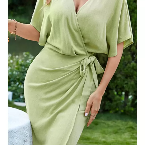 imageCUPSHE Womens Open Front Dress Solid Tie Waist Lace Up Short Sleeves V Neck GreenGreen