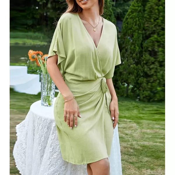 imageCUPSHE Womens Open Front Dress Solid Tie Waist Lace Up Short Sleeves V Neck GreenGreen