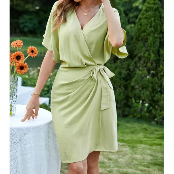 imageCUPSHE Womens Open Front Dress Solid Tie Waist Lace Up Short Sleeves V Neck GreenGreen
