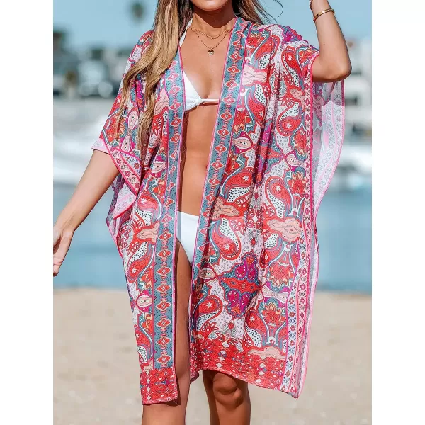 imageCUPSHE Womens Open Front Kimono Bathing Suit Cover Up Swimsuit Beach Summer Covers with Paisley PrintRed