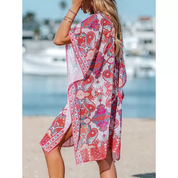 imageCUPSHE Womens Open Front Kimono Bathing Suit Cover Up Swimsuit Beach Summer Covers with Paisley PrintRed