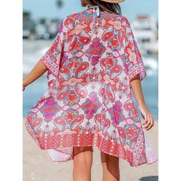 imageCUPSHE Womens Open Front Kimono Bathing Suit Cover Up Swimsuit Beach Summer Covers with Paisley PrintRed