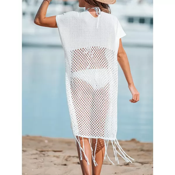 imageCUPSHE Womens Open Front Kimono Bathing Suit Cover Up Tassel Summer Swim Coverups with Short SleevesWhite