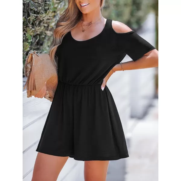 imageCUPSHE Womens OpenShoulder Romper Short Sleeves Jumpsuits Wide Leg Outfit CasualBlack