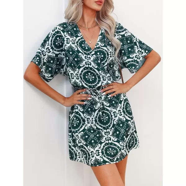 imageCUPSHE Womens Ornate Print Drawstring Mini Dress A Line V NecklineGreen