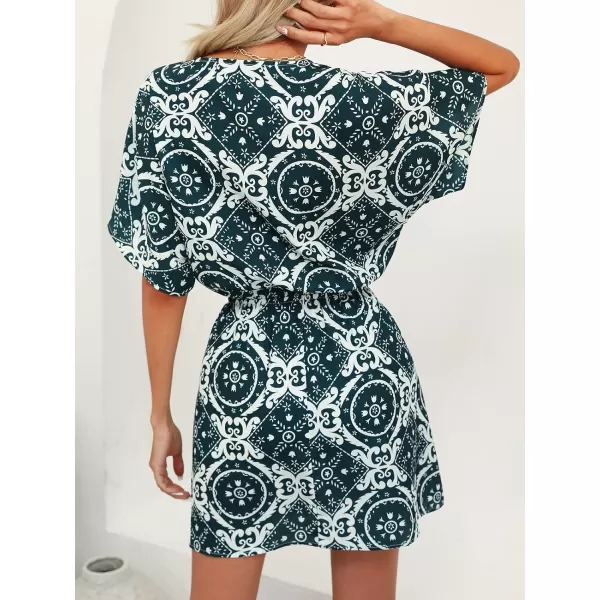 imageCUPSHE Womens Ornate Print Drawstring Mini Dress A Line V NecklineGreen