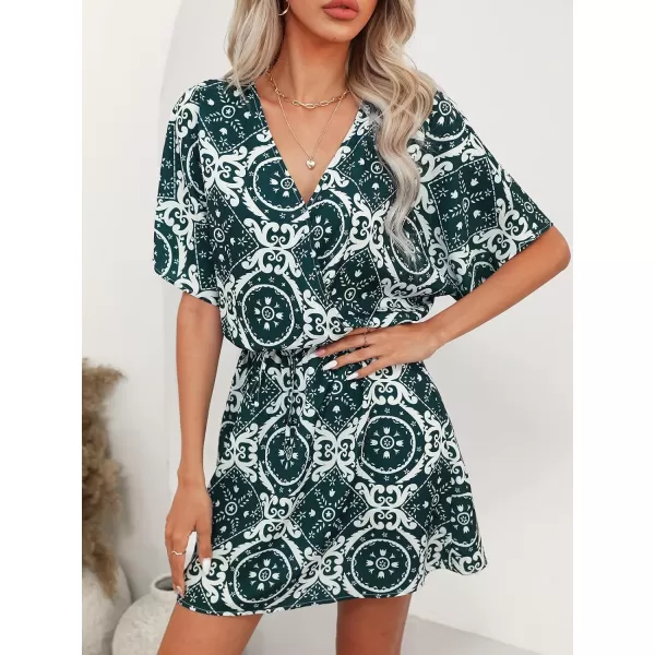 imageCUPSHE Womens Ornate Print Drawstring Mini Dress A Line V NecklineGreen