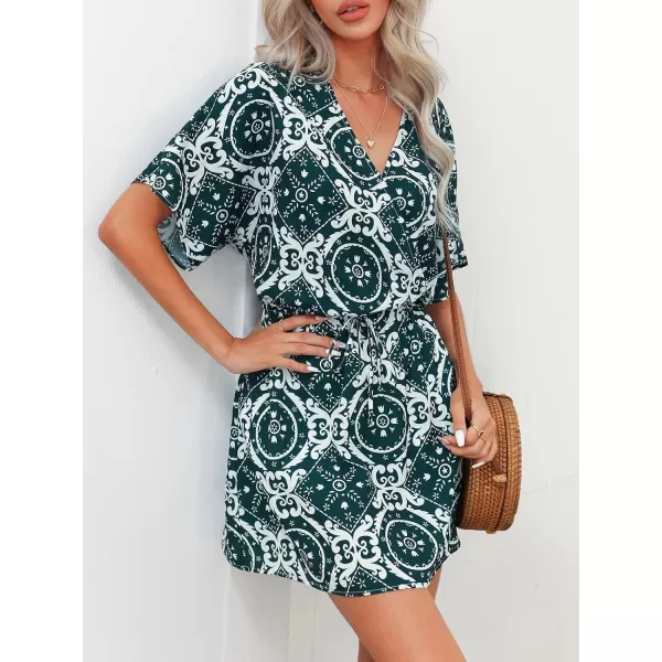 imageCUPSHE Womens Ornate Print Drawstring Mini Dress A Line V NecklineGreen