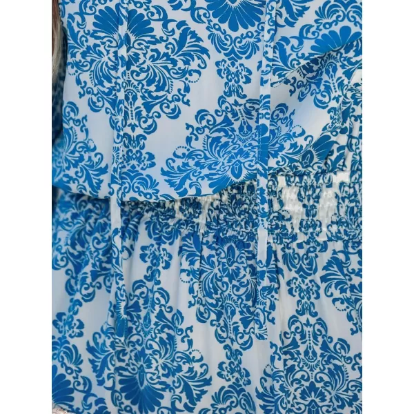 imageCUPSHE Womens Ornate Print Smocked Mini Dress Split Neck with Selftie Aline DressBlue Floral