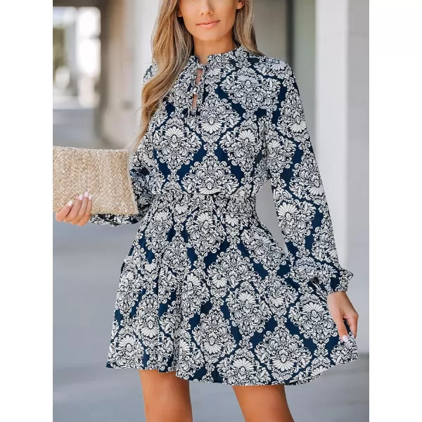 imageCUPSHE Womens Ornate Print Smocked Mini Dress Split Neck with Selftie Aline DressNavy Blue