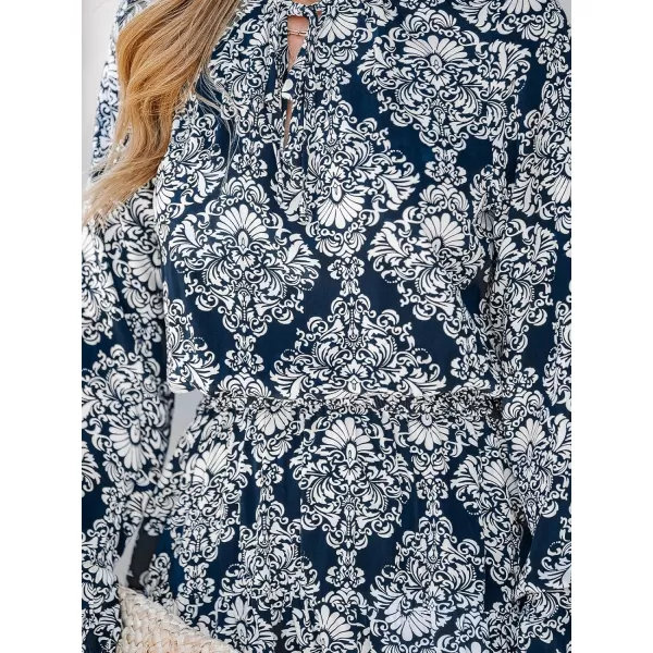 imageCUPSHE Womens Ornate Print Smocked Mini Dress Split Neck with Selftie Aline DressNavy Blue