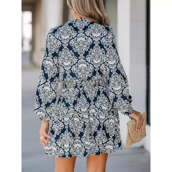imageCUPSHE Womens Ornate Print Smocked Mini Dress Split Neck with Selftie Aline DressNavy Blue