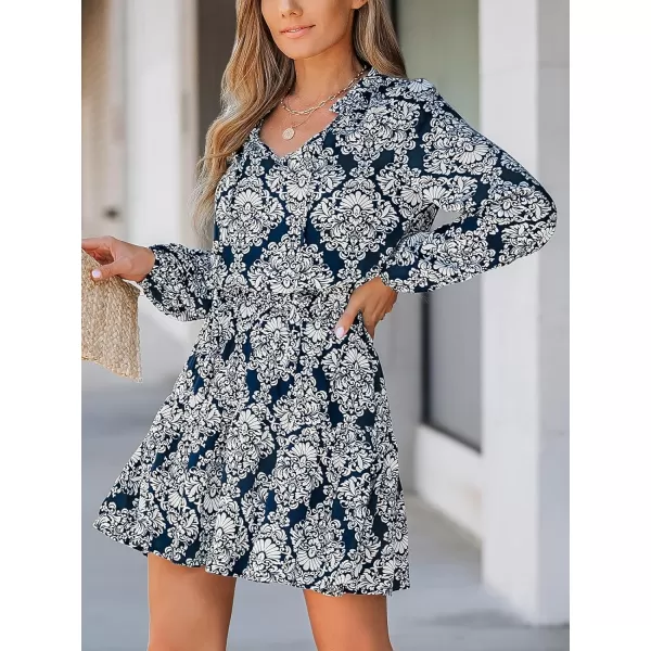 imageCUPSHE Womens Ornate Print Smocked Mini Dress Split Neck with Selftie Aline DressNavy Blue