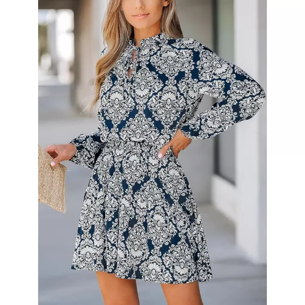 imageCUPSHE Womens Ornate Print Smocked Mini Dress Split Neck with Selftie Aline DressNavy Blue