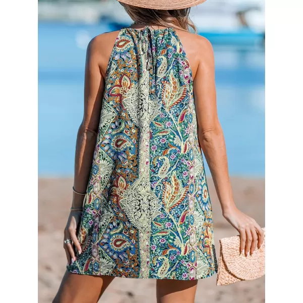 imageCUPSHE Womens Paisley Boho Mini Dress Halter Sleeveless Self Tie Back Summer Casual Beach DressBlue Paisley