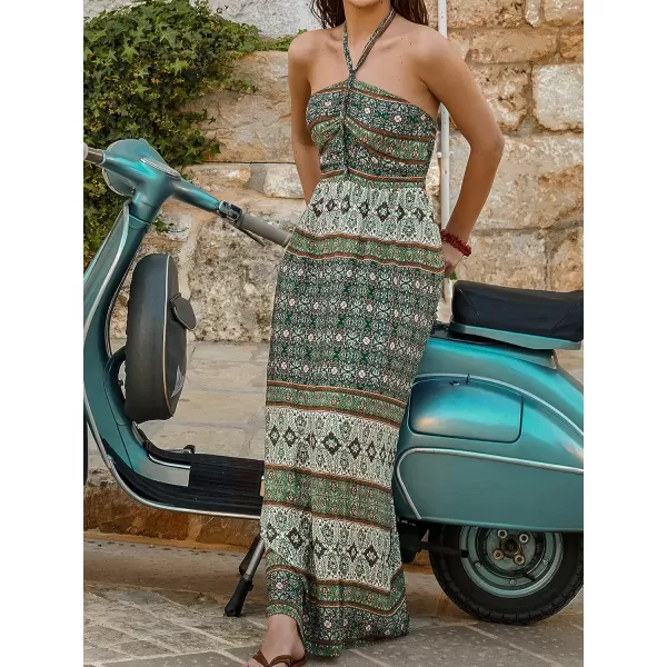 imageCUPSHE Womens Paisley Print Halter Long Dress Woven Ruched Front Maxi Formal DressGreen Floral