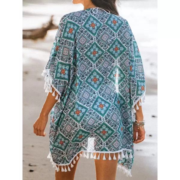 imageCUPSHE Womens Paisley Print Tassel 34 Dolman Sleeve CoverUp Open Front Mini DressGreen Paisley
