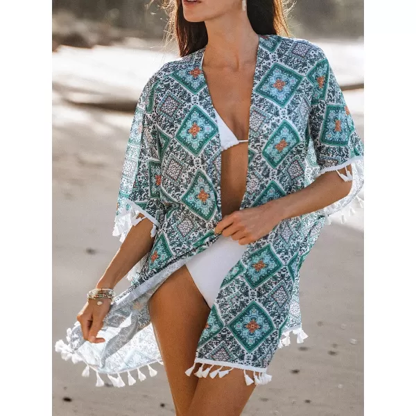 imageCUPSHE Womens Paisley Print Tassel 34 Dolman Sleeve CoverUp Open Front Mini DressGreen Paisley