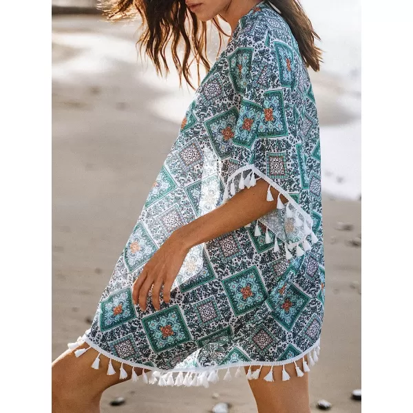 imageCUPSHE Womens Paisley Print Tassel 34 Dolman Sleeve CoverUp Open Front Mini DressGreen Paisley