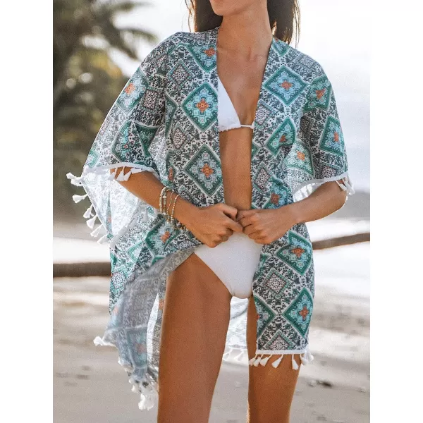 imageCUPSHE Womens Paisley Print Tassel 34 Dolman Sleeve CoverUp Open Front Mini DressGreen Paisley
