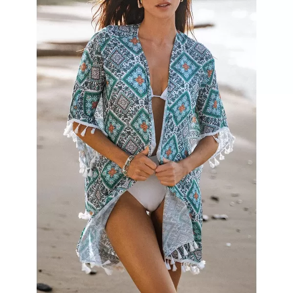 imageCUPSHE Womens Paisley Print Tassel 34 Dolman Sleeve CoverUp Open Front Mini DressGreen Paisley