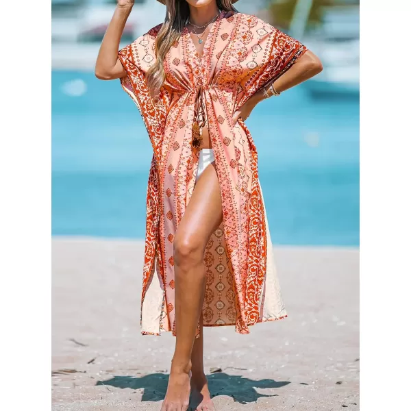imageCUPSHE Womens Paisley Print Tassel Tie Cover Up Dolman Sleeves Midi Kimono Cover Up DressRed