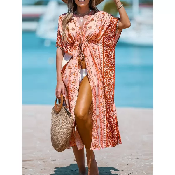 imageCUPSHE Womens Paisley Print Tassel Tie Cover Up Dolman Sleeves Midi Kimono Cover Up DressRed