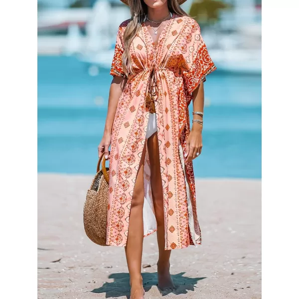 imageCUPSHE Womens Paisley Print Tassel Tie Cover Up Dolman Sleeves Midi Kimono Cover Up DressRed