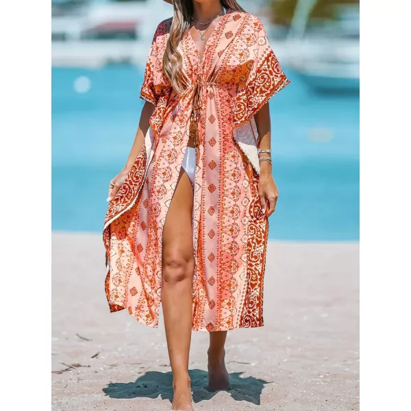imageCUPSHE Womens Paisley Print Tassel Tie Cover Up Dolman Sleeves Midi Kimono Cover Up DressRed