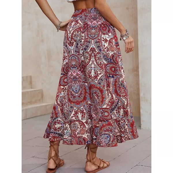 imageCUPSHE Womens Paisley Print Tie Side Skirt Maxi Skirt High Waist Ruffled High Low DressesRed