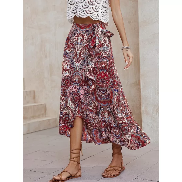 imageCUPSHE Womens Paisley Print Tie Side Skirt Maxi Skirt High Waist Ruffled High Low DressesRed