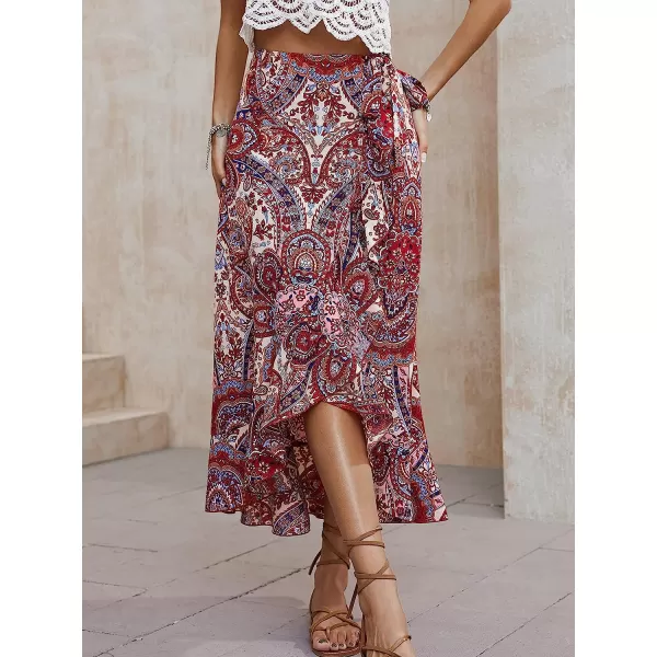 imageCUPSHE Womens Paisley Print Tie Side Skirt Maxi Skirt High Waist Ruffled High Low DressesRed