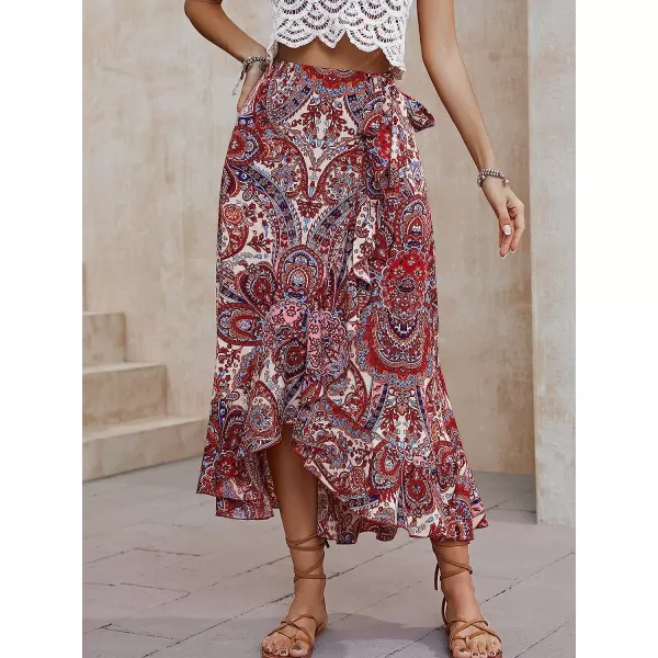 imageCUPSHE Womens Paisley Print Tie Side Skirt Maxi Skirt High Waist Ruffled High Low DressesRed