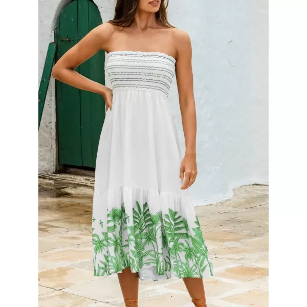 imageCUPSHE Womens Palm Tree Print Sleeveless Smocked Ruffled Dress A Line Midi Tube DressWhite