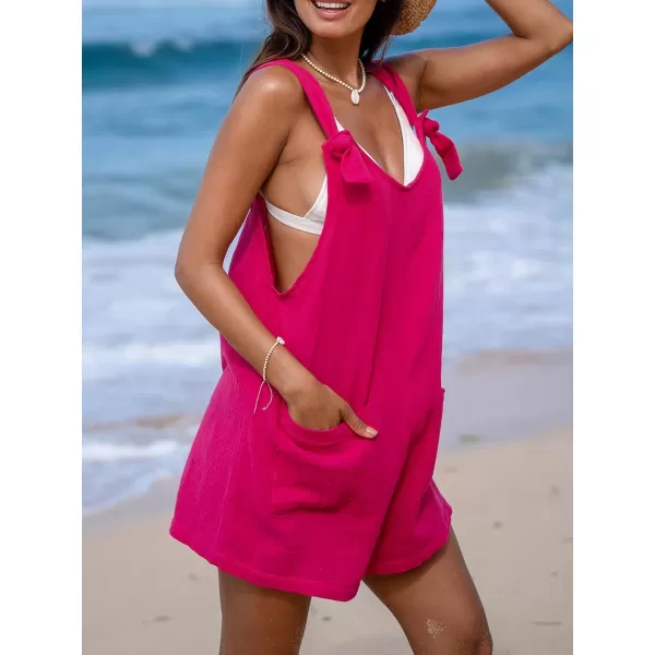 imageCUPSHE Womens Pinafore Romper Scoop Neck Sleeveless Overall Straight Leg Outfit with Front Patch Pockets CasualFuchsia