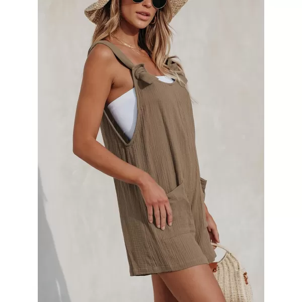 imageCUPSHE Womens Pinafore Romper Scoop Neck Sleeveless Overall Straight Leg Outfit with Front Patch Pockets CasualLight Brown