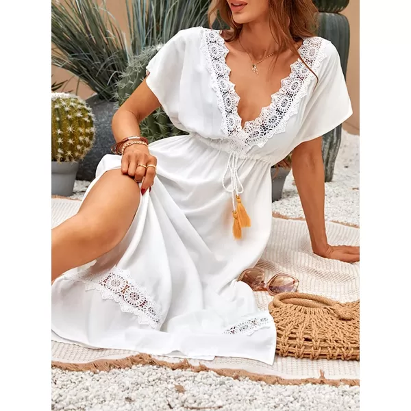 imageCUPSHE Womens Plunge Beach Bikini Cover Up White Deep V Neck Short Sleeve Tie Waisted Split Side Maxi LengthWhite