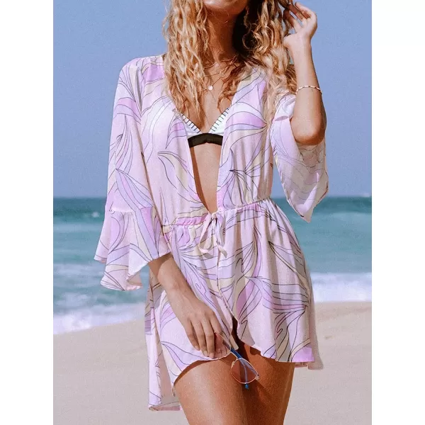 imageCUPSHE Womens Plunge Bell Sleeve Tie Waist Swimwear Cover UpMulticolor