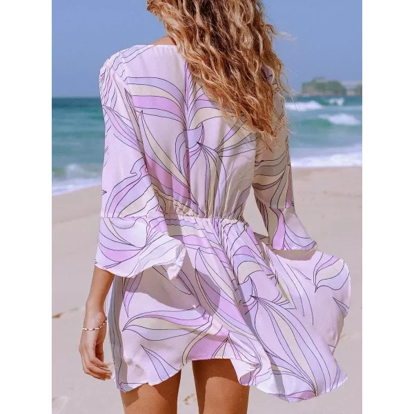 imageCUPSHE Womens Plunge Bell Sleeve Tie Waist Swimwear Cover UpMulticolor
