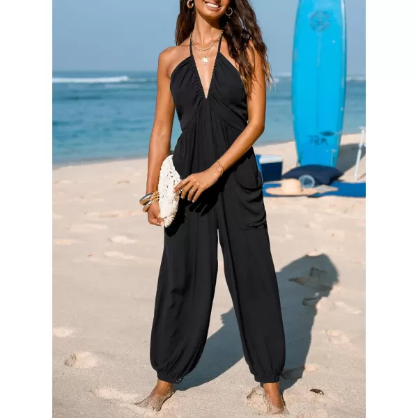 imageCUPSHE Womens Plunge Halter Sleeveless Pleated Long Romper Knit Jogger Maxi Jumpsuit with PocketsBlack