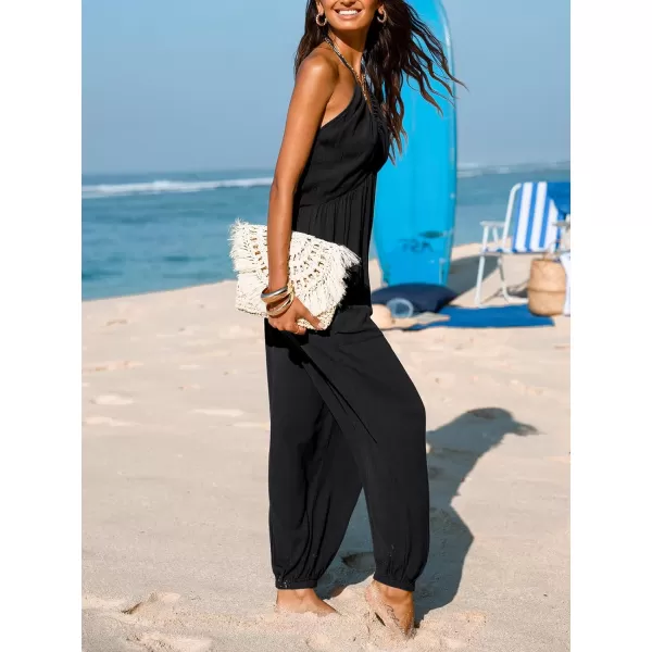 imageCUPSHE Womens Plunge Halter Sleeveless Pleated Long Romper Knit Jogger Maxi Jumpsuit with PocketsBlack