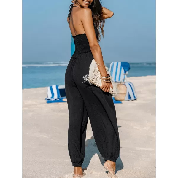 imageCUPSHE Womens Plunge Halter Sleeveless Pleated Long Romper Knit Jogger Maxi Jumpsuit with PocketsBlack