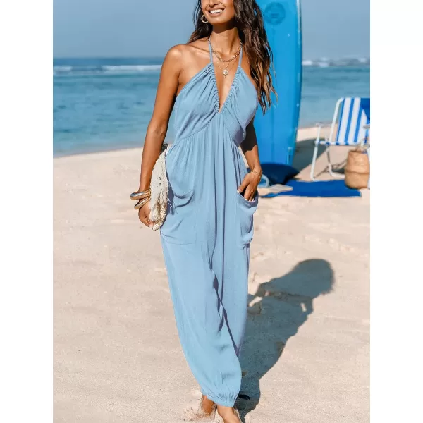 imageCUPSHE Womens Plunge Halter Sleeveless Pleated Long Romper Knit Jogger Maxi Jumpsuit with PocketsBlue