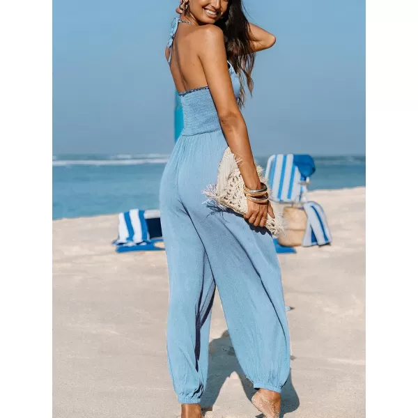 imageCUPSHE Womens Plunge Halter Sleeveless Pleated Long Romper Knit Jogger Maxi Jumpsuit with PocketsBlue
