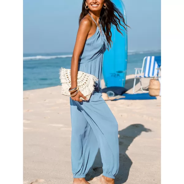 imageCUPSHE Womens Plunge Halter Sleeveless Pleated Long Romper Knit Jogger Maxi Jumpsuit with PocketsBlue